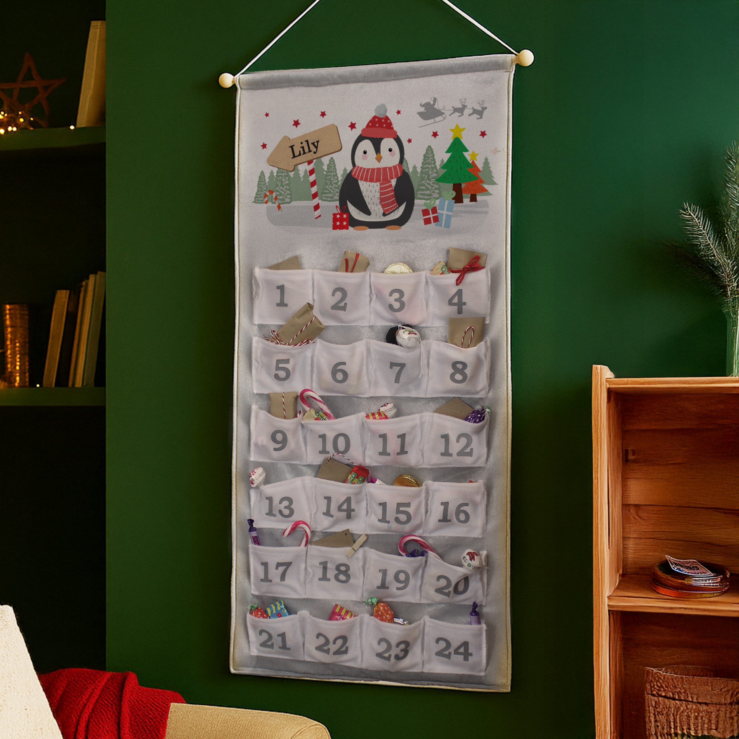 personalised christmas penguin advent calendar in silver grey