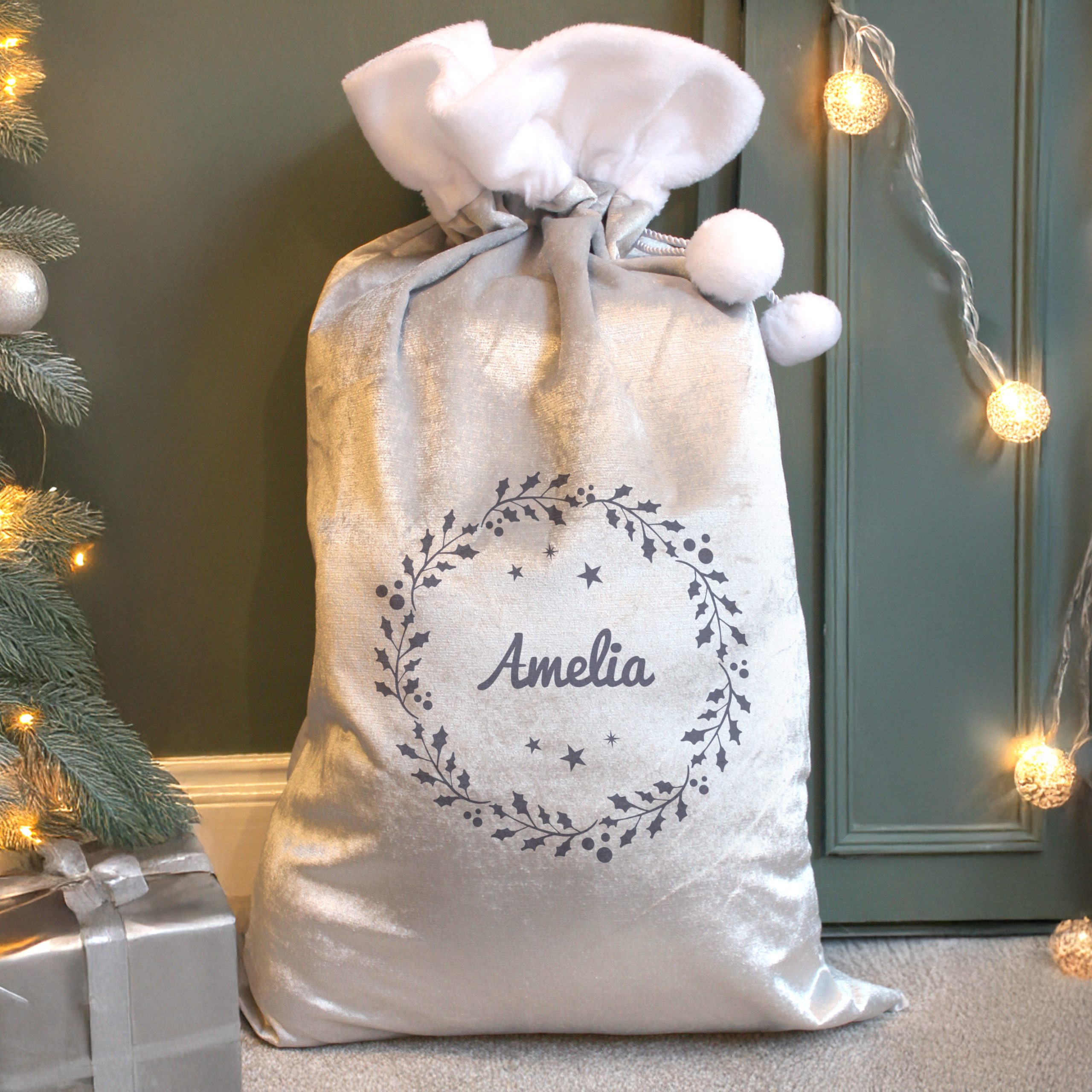 personalised holly grey christmas sack