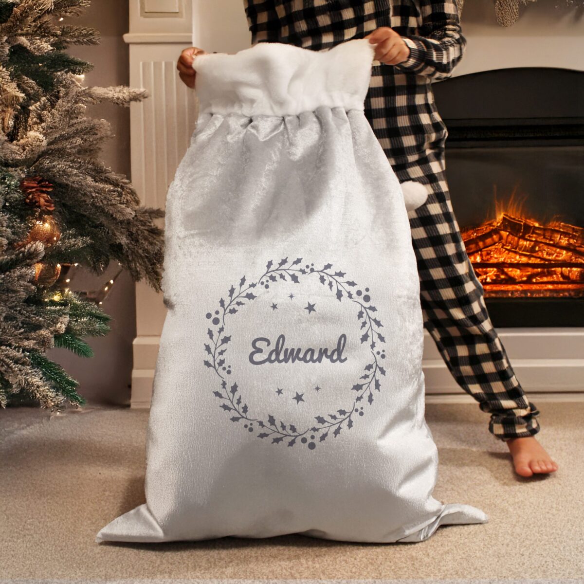 personalised holly grey christmas sack