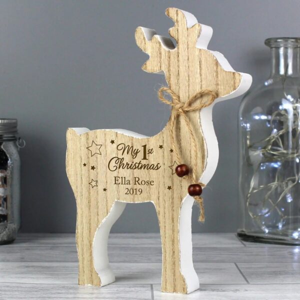 Personalised ’1st Christmas’ Rustic Wooden Reindeer Decoration: 2 - Christmas Decorations By Gift Moments