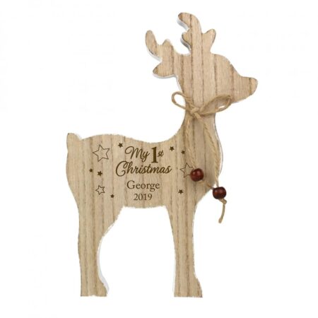 Personalised ’1st Christmas’ Rustic Wooden Reindeer Decoration: 3 - Christmas Decorations By Gift Moments
