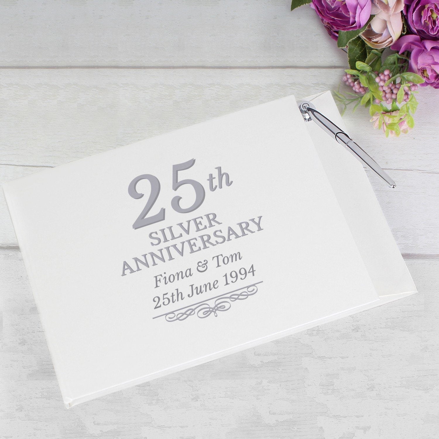Personalised 25th Silver Anniversary Hardback Guest Book & Pen: 1 - Guest Books By Gift Moments