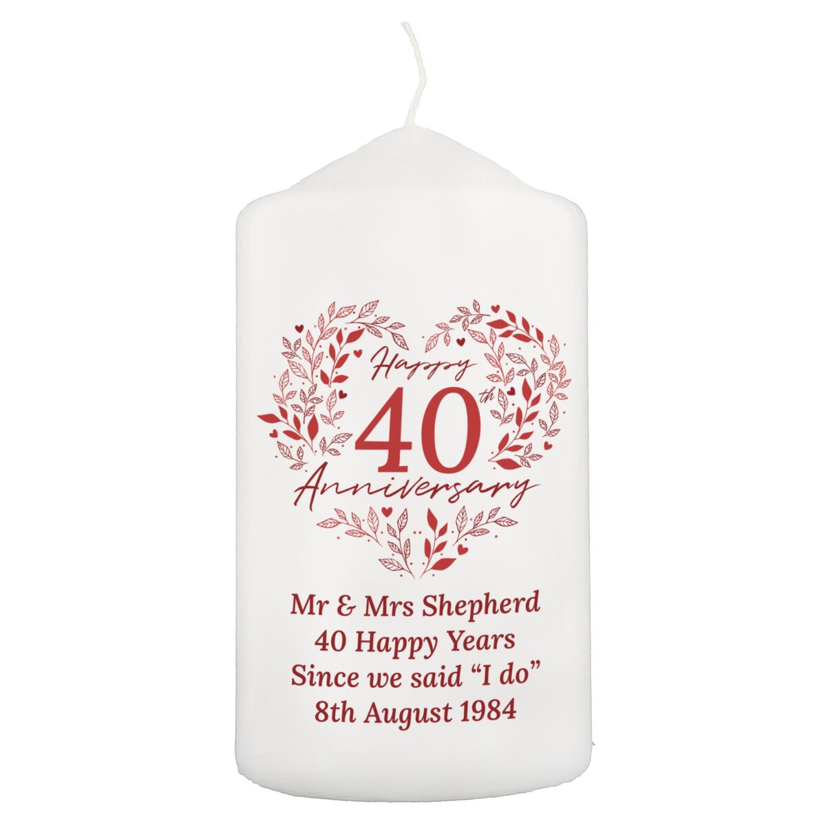 Personalised 40th Ruby Wedding Anniversary Pillar Candle: 5 - Candles By Gift Moments