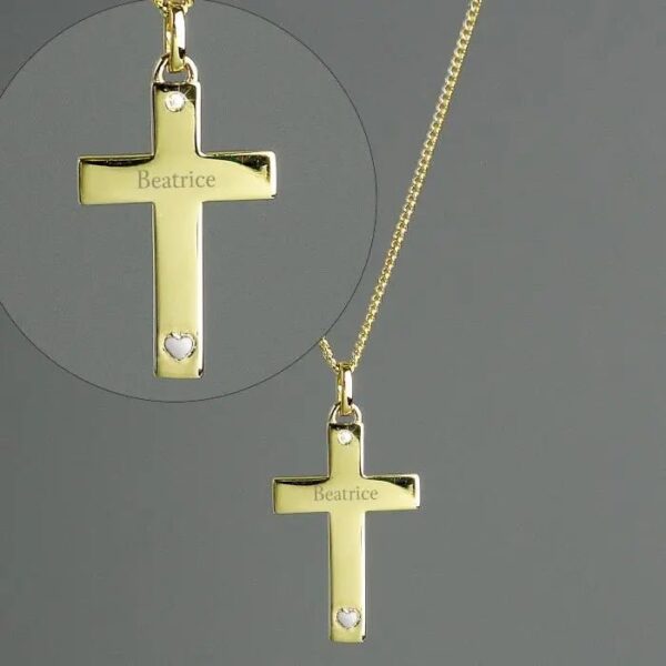 Personalised 9ct Gold Cross with Sterling Silver Heart & CZ Necklace: 2 - Necklaces By Gift Moments