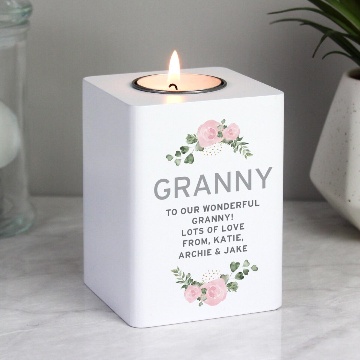 Personalised Abstract Rose White Wooden Tea light Holder: 2 - Candle Holders By Gift Moments