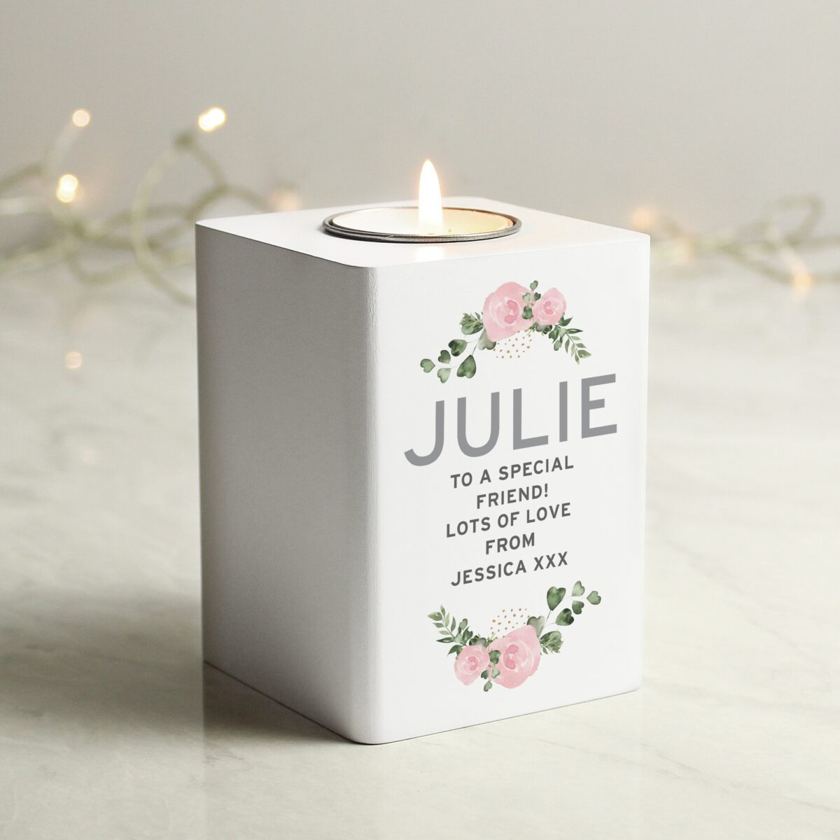 Personalised Abstract Rose White Wooden Tea light Holder: 3 - Candle Holders By Gift Moments