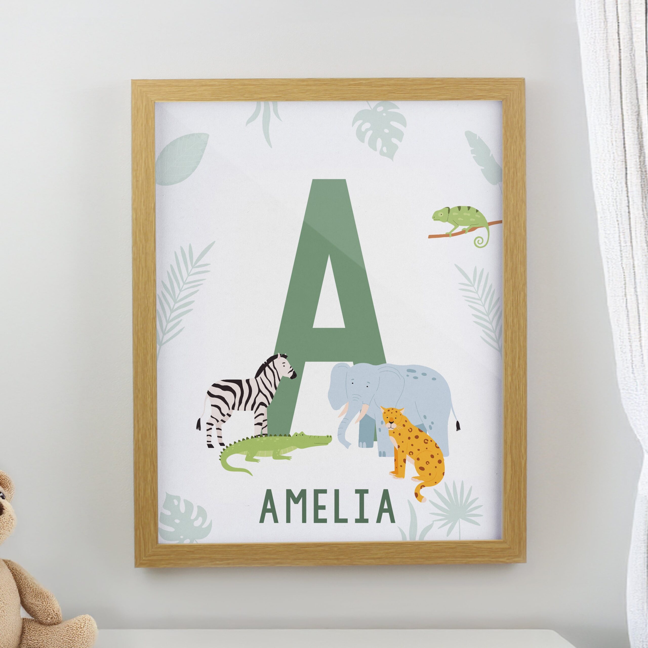 Personalised Animal Initial Framed Prints: 1 - Oak - Framed Prints By Gift Moments