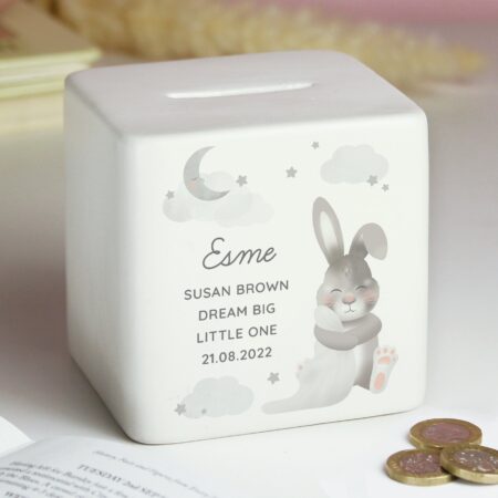 Personalised Baby Bunny Ceramic Square Money Box: 4 - Money Boxes By Gift Moments