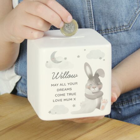 Personalised Baby Bunny Ceramic Square Money Box: 2 - Money Boxes By Gift Moments