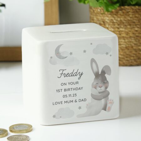 Personalised Baby Bunny Ceramic Square Money Box: 3 - Money Boxes By Gift Moments