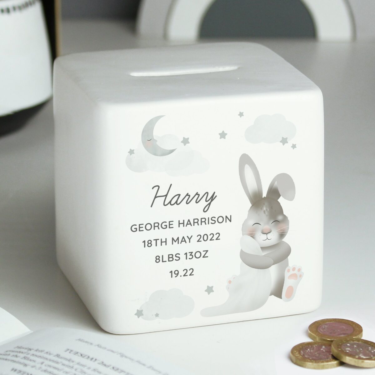 Personalised Baby Bunny Ceramic Square Money Box: 5 - Money Boxes By Gift Moments