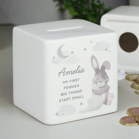 Personalised Baby Bunny Ceramic Square Money Box: 1 - Money Boxes By Gift Moments