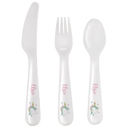 Personalised Baby Unicorn Plastic Cutlery: 3 - Cutlery Sets By Gift Moments