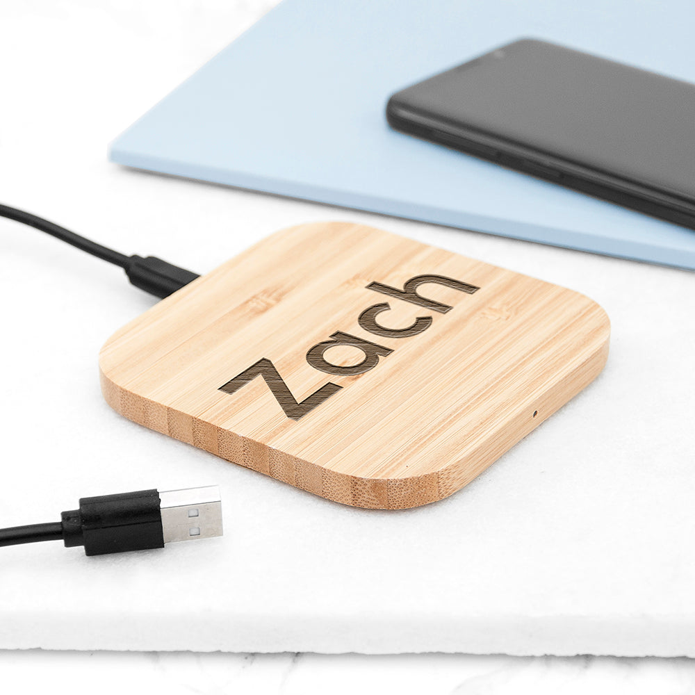 Personalised Bamboo Wireless Charger: 3 - Sans Serif - Tech Accessories By Gift Moments