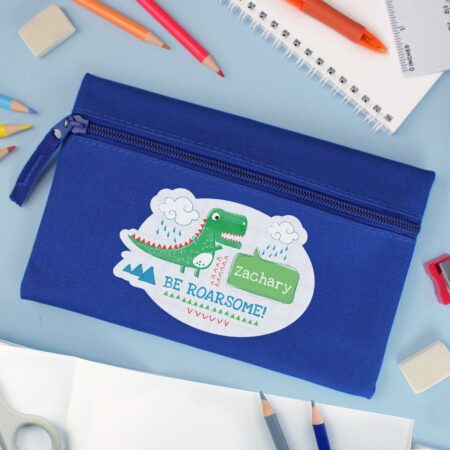 Personalised ’Be Roarsome’ Dinosaur Blue Pencil Case: 3 - Pencil Cases & Sets By Gift Moments