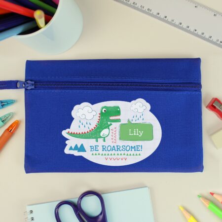Personalised ’Be Roarsome’ Dinosaur Blue Pencil Case: 2 - Pencil Cases & Sets By Gift Moments