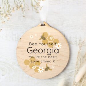 Personalised Bee Round Wooden Decoration: 3 - Decorations By Gift Moments