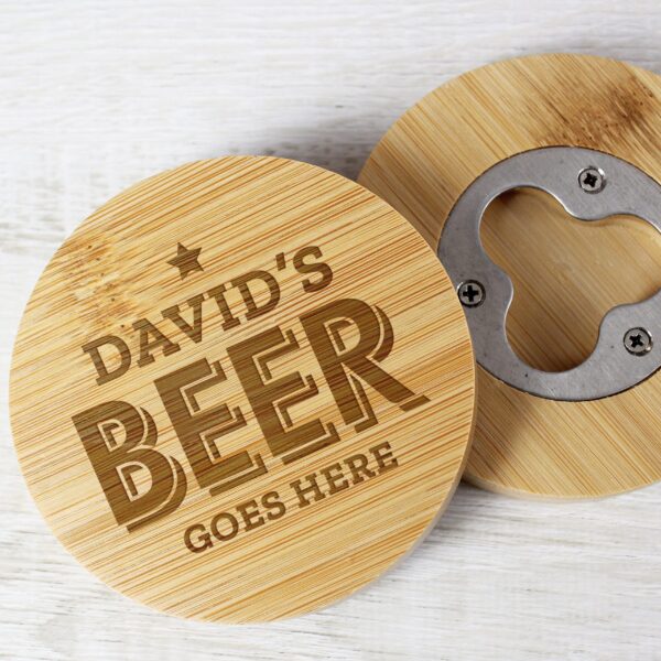 Personalised Beer Goes Here Bamboo Bottle Opener Coaster: 1 - Coasters By Gift Moments