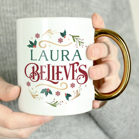 Personalised Believes In Christmas Gold Handled Mug: 1 - Mugs By Gift Moments