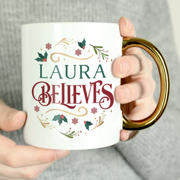 Personalised Believes In Christmas Gold Handled Mug: 1 - Mugs By Gift Moments