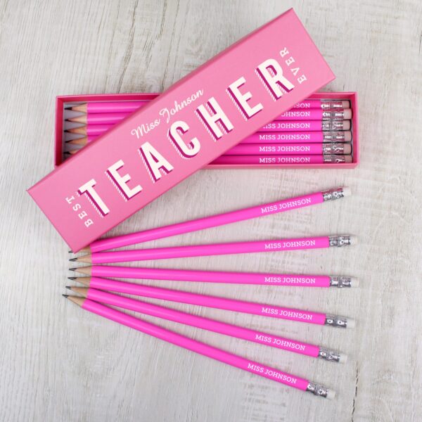 Personalised Best Teacher Ever Box and 12 Pink HB Pencils: 1 - Pens & Pencils By Gift Moments