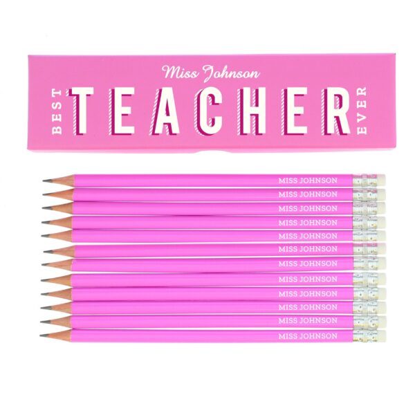 Personalised Best Teacher Ever Box and 12 Pink HB Pencils: 2 - Pens & Pencils By Gift Moments