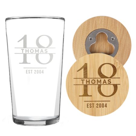Personalised Big Age Bamboo Bottle Opener Coaster and Pint Glass Set: 5 - Beer Glasses By Gift Moments