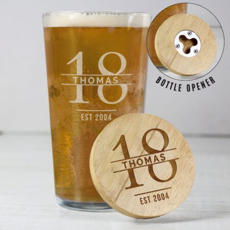 Personalised Big Age Bamboo Bottle Opener Coaster and Pint Glass Set: 3 - Beer Glasses By Gift Moments