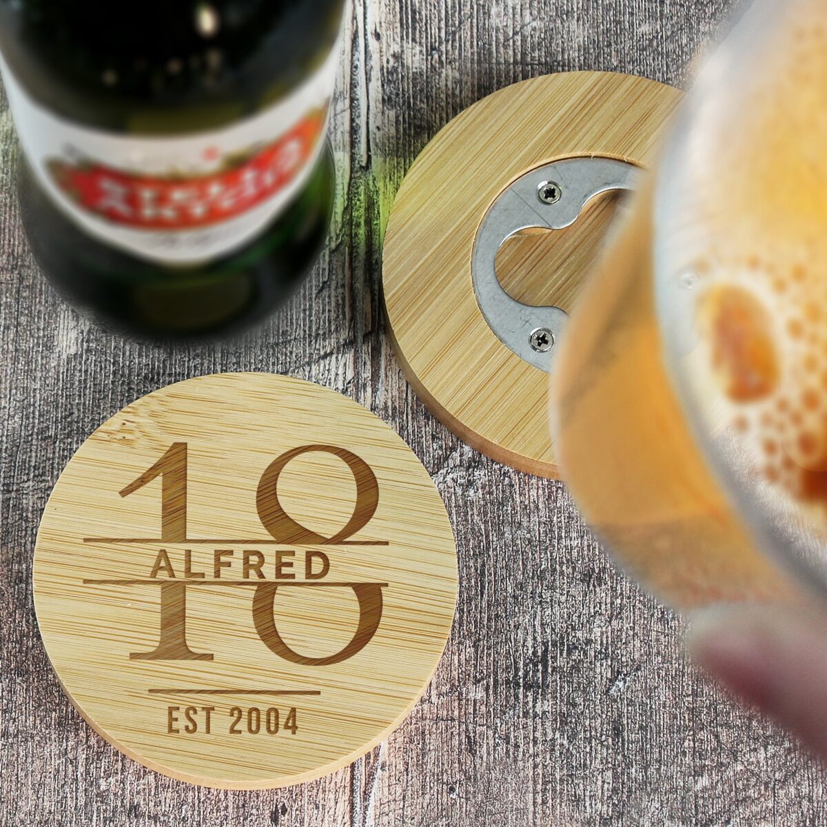 Personalised Big Age Bamboo Bottle Opener Coaster and Pint Glass Set: 4 - Beer Glasses By Gift Moments