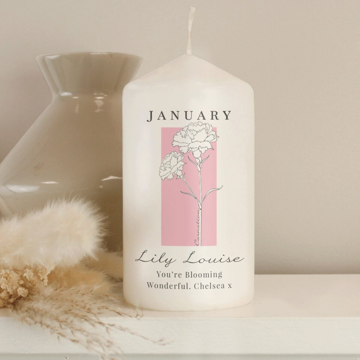 Personalised Birth Flower Pillar Candle: 2 - Candles By Gift Moments
