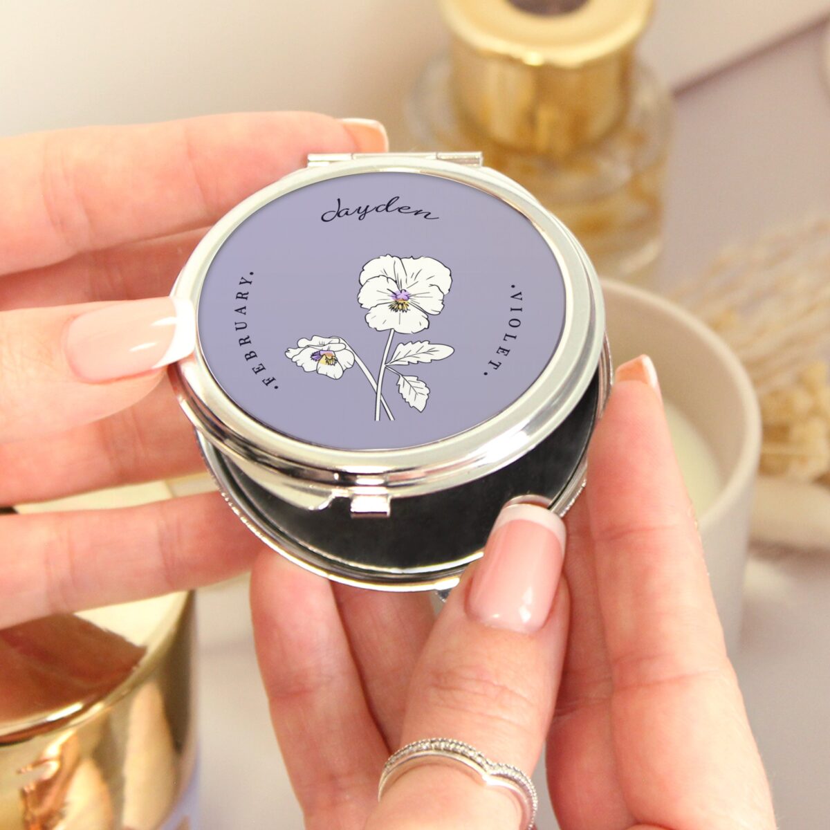 Personalised Birth Flower Round Compact Mirror: 1 - Compact Mirrors By Gift Moments