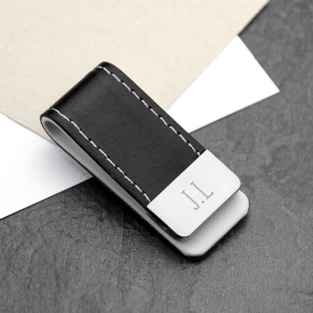 Personalised Black Leather Money Clip: 5 - Tall Font - Wallets & Money Clips By Gift Moments