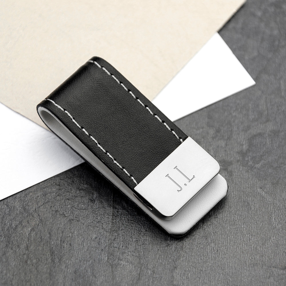 Personalised Black Leather Money Clip: 5 - Tall Font - Wallets & Money Clips By Gift Moments