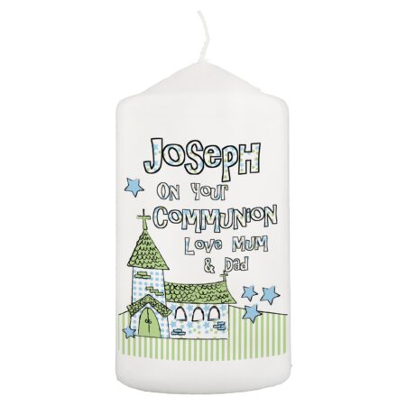 Personalised Blue Church Pillar Candle: 2 - Candles By Gift Moments