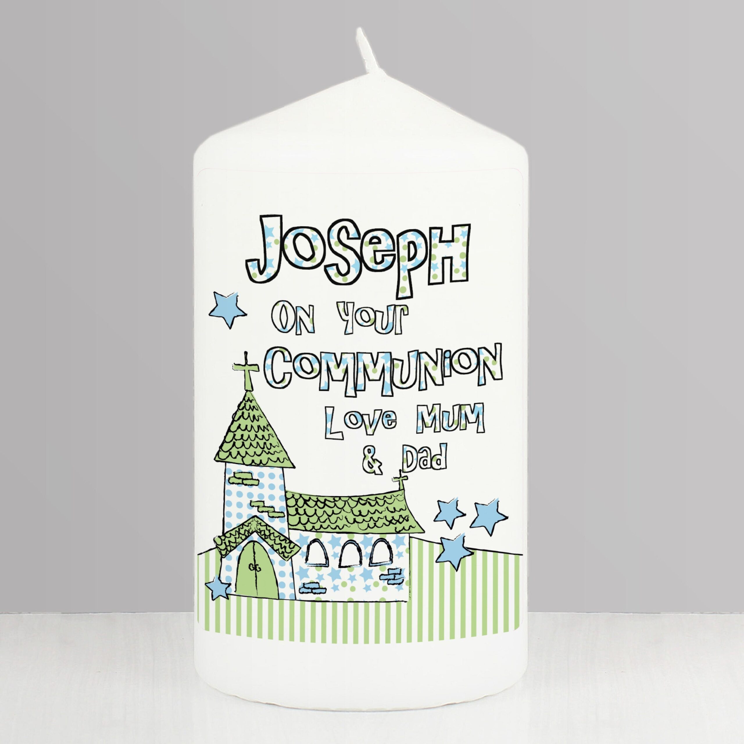 Personalised Blue Church Pillar Candle: 1 - Candles By Gift Moments