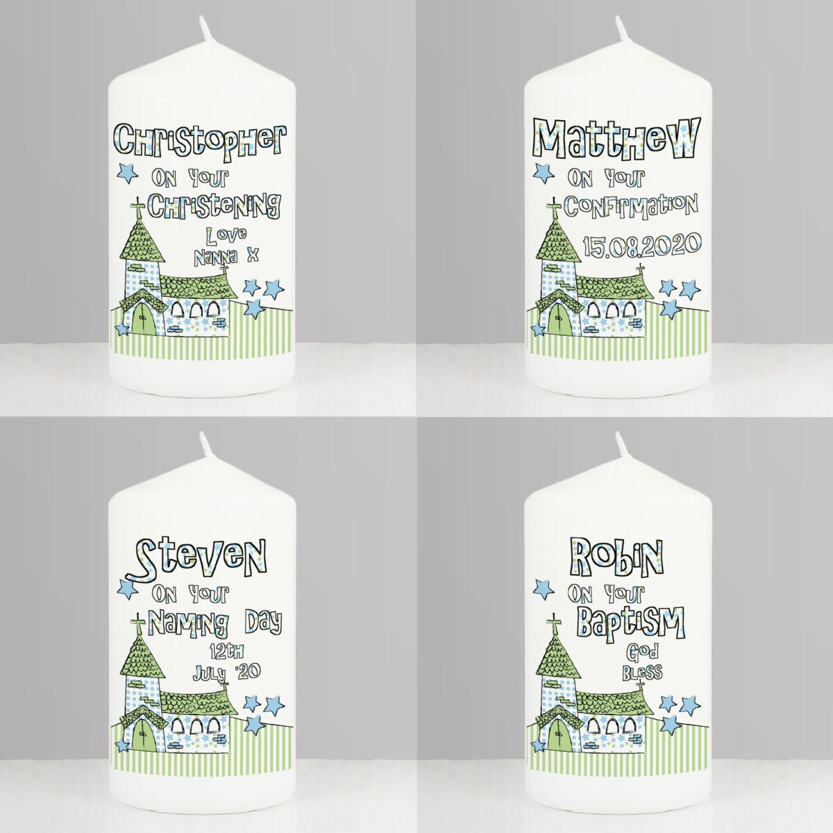 Personalised Blue Church Pillar Candle: 3 - Candles By Gift Moments