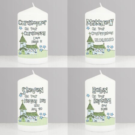 Personalised Blue Church Pillar Candle: 3 - Candles By Gift Moments