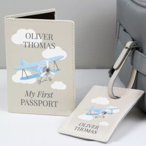 Personalised Blue Plane Passport Holder & Luggage Tag Set: 1 - Passport Holders By Gift Moments