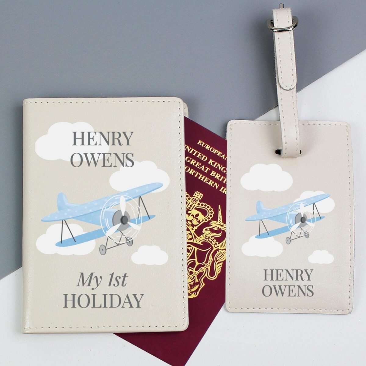 Personalised Blue Plane Passport Holder & Luggage Tag Set: 2 - Passport Holders By Gift Moments