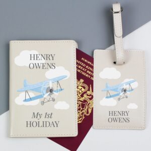 Personalised Blue Plane Passport Holder & Luggage Tag Set: 2 - Passport Holders By Gift Moments