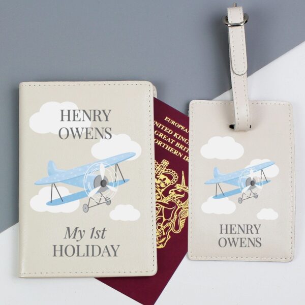 Personalised Blue Plane Passport Holder & Luggage Tag Set: 2 - Passport Holders By Gift Moments
