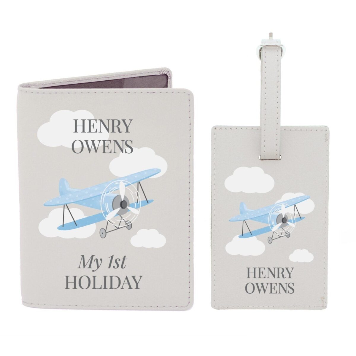 Personalised Blue Plane Passport Holder & Luggage Tag Set: 3 - Passport Holders By Gift Moments