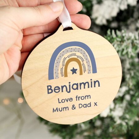 Personalised Blue Rainbow Round Wooden Decoration: 2 - Decorations By Gift Moments