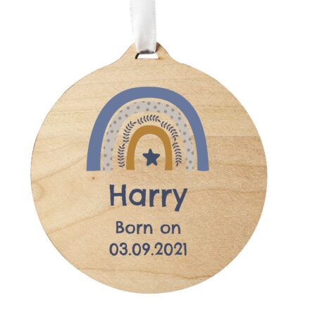Personalised Blue Rainbow Round Wooden Decoration: 4 - Decorations By Gift Moments