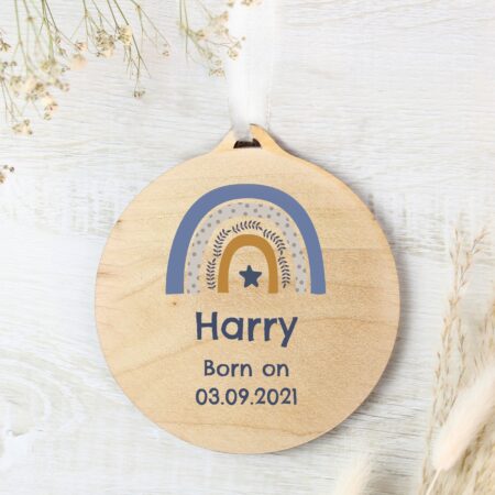 Personalised Blue Rainbow Round Wooden Decoration: 1 - Decorations By Gift Moments
