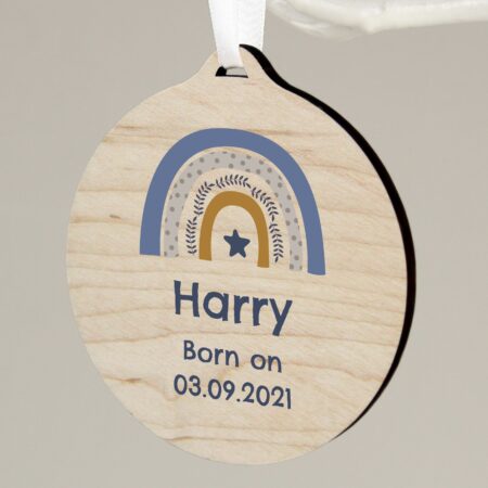 Personalised Blue Rainbow Round Wooden Decoration: 3 - Decorations By Gift Moments
