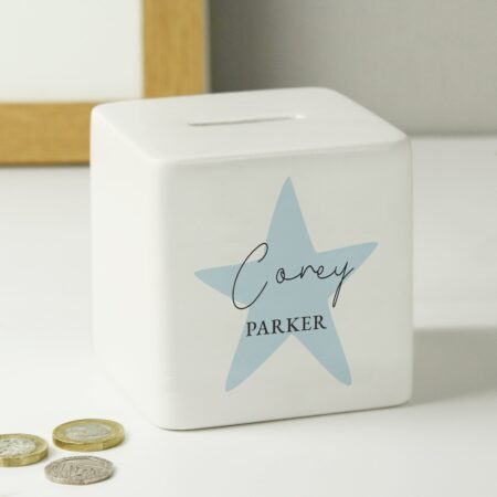 Personalised Blue Star Ceramic Square Money Box: 6 - Money Boxes By Gift Moments