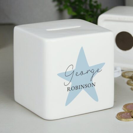 Personalised Blue Star Ceramic Square Money Box: 3 - Money Boxes By Gift Moments