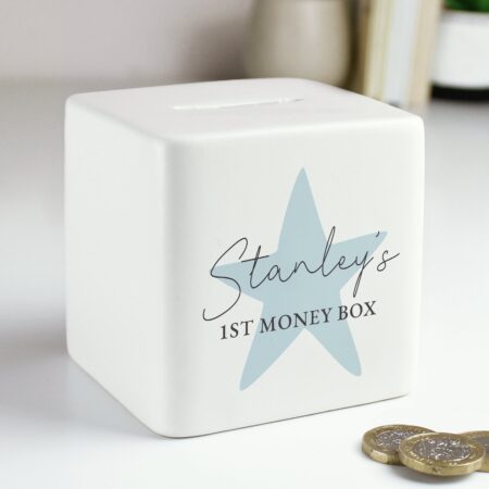 Personalised Blue Star Ceramic Square Money Box: 1 - Money Boxes By Gift Moments