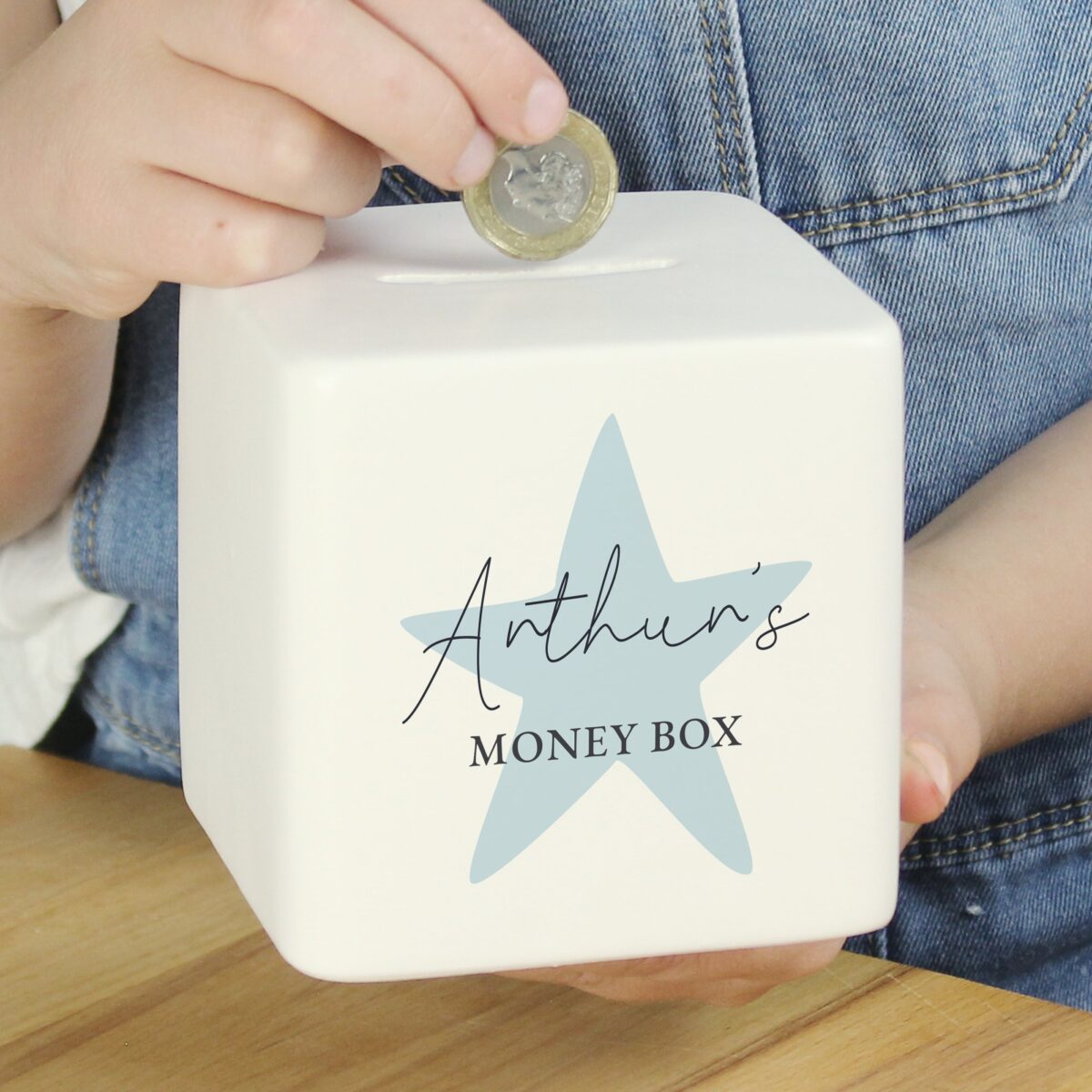Personalised Blue Star Ceramic Square Money Box: 4 - Money Boxes By Gift Moments